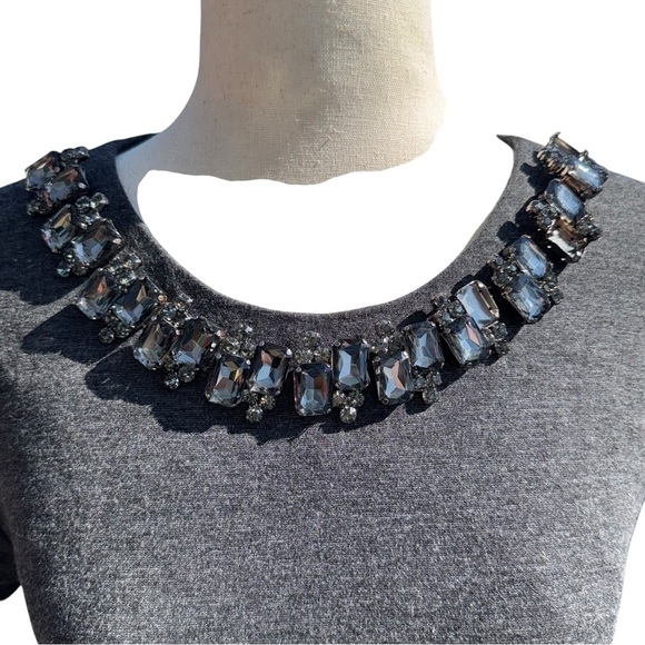 ELIZA J. Charcoal Gray Fit & Flare Mini Dress Jeweled Embellished Neckline Sz 6 - Picture 3 of 11